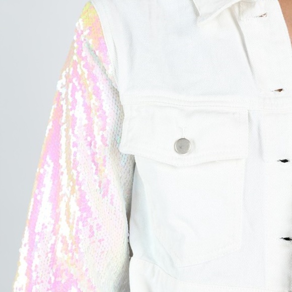WHITE Denim jacket with sequin sleeves - Picture 3 of 4